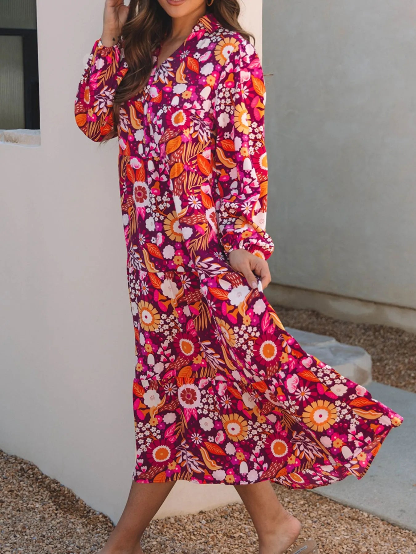 Midi Dress Hot Pink Colorful Floral Print Long Sleeve with Pockets f8317c7a-0100-4a85-b47b-0e43e4f7e973-Max-Origin Trendsi