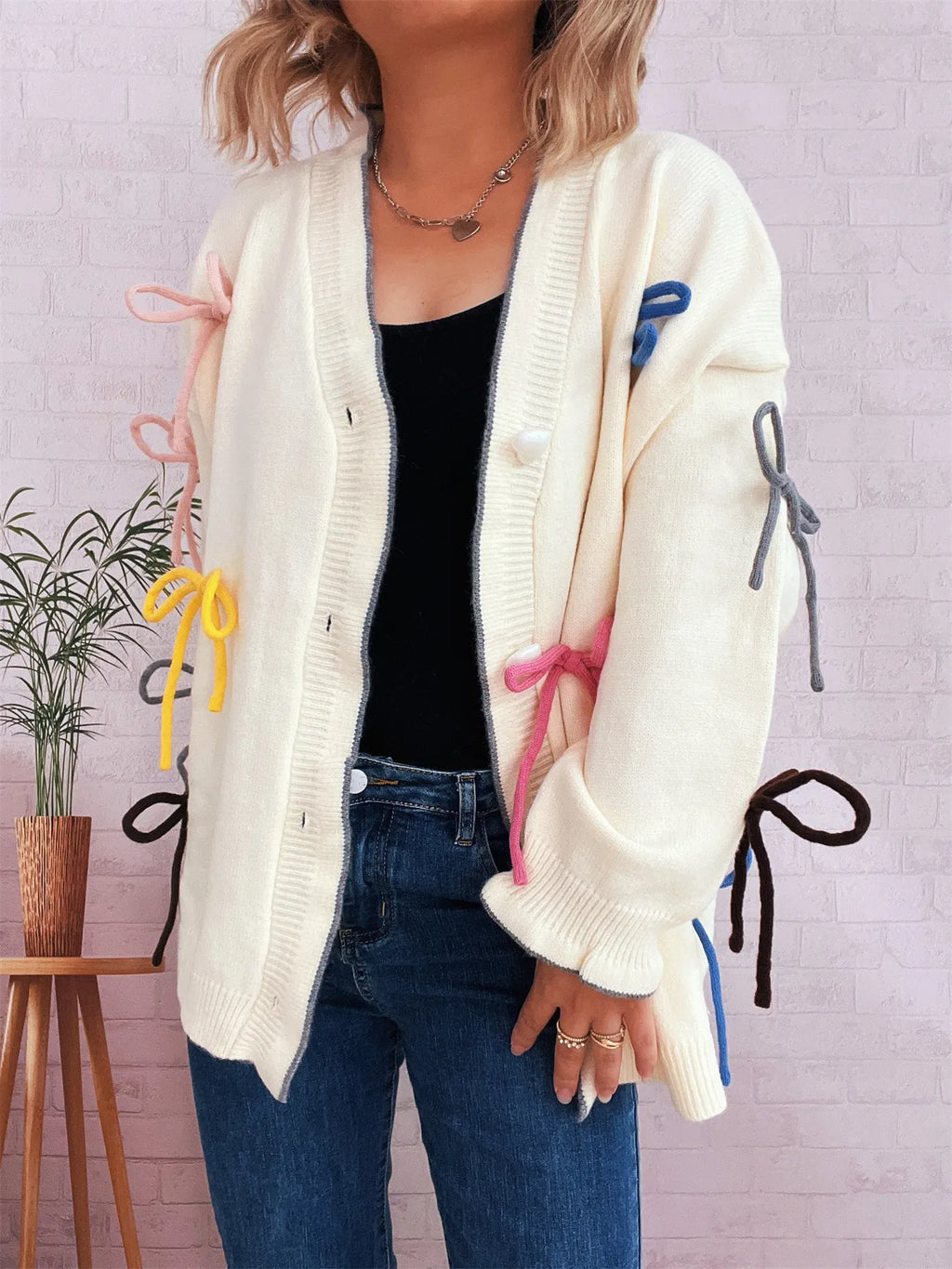 Women's Cardigan White Bow Tie Button Up Knit Long Sleeve One Size f84ccbb785a54defa86ff00c48d8c86a-Max-Origin Trendsi