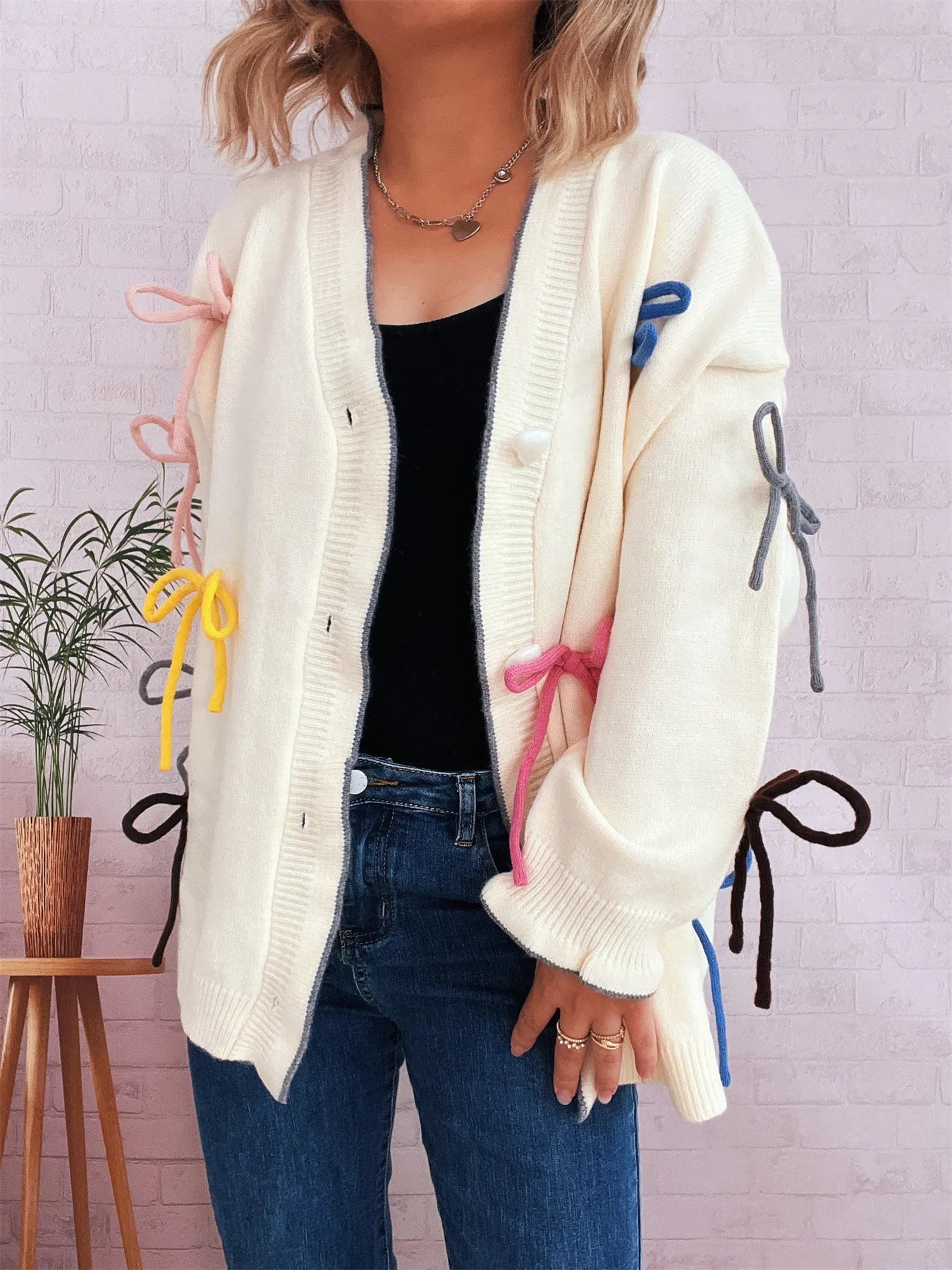 Women's Cardigan White Bow Tie Button Up Knit Long Sleeve One Size f84ccbb785a54defa86ff00c48d8c86a-Max-Origin Trendsi