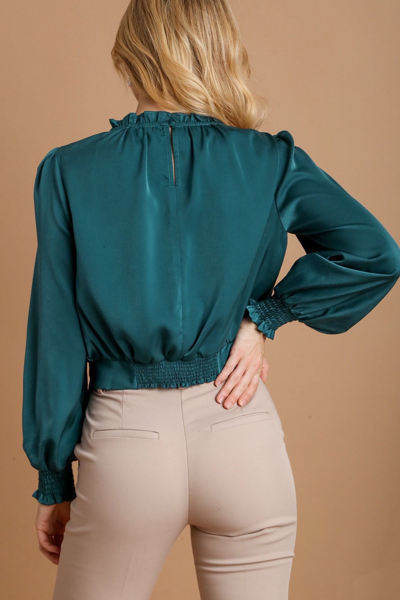 Umgee USA Satin Blouse Frill Tied Hem Long Sleeve Ruffle Mock Neck