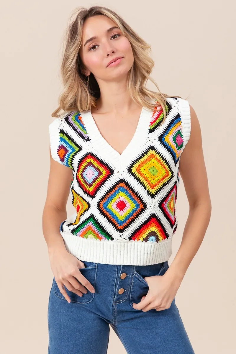 BiBi Sweater Vest Ivory Diamond Granny Multicolor Square Ribbed Knit Top f85cb82267c943e1adcdd06ebf2a9c68-Max-Origin Trendsi