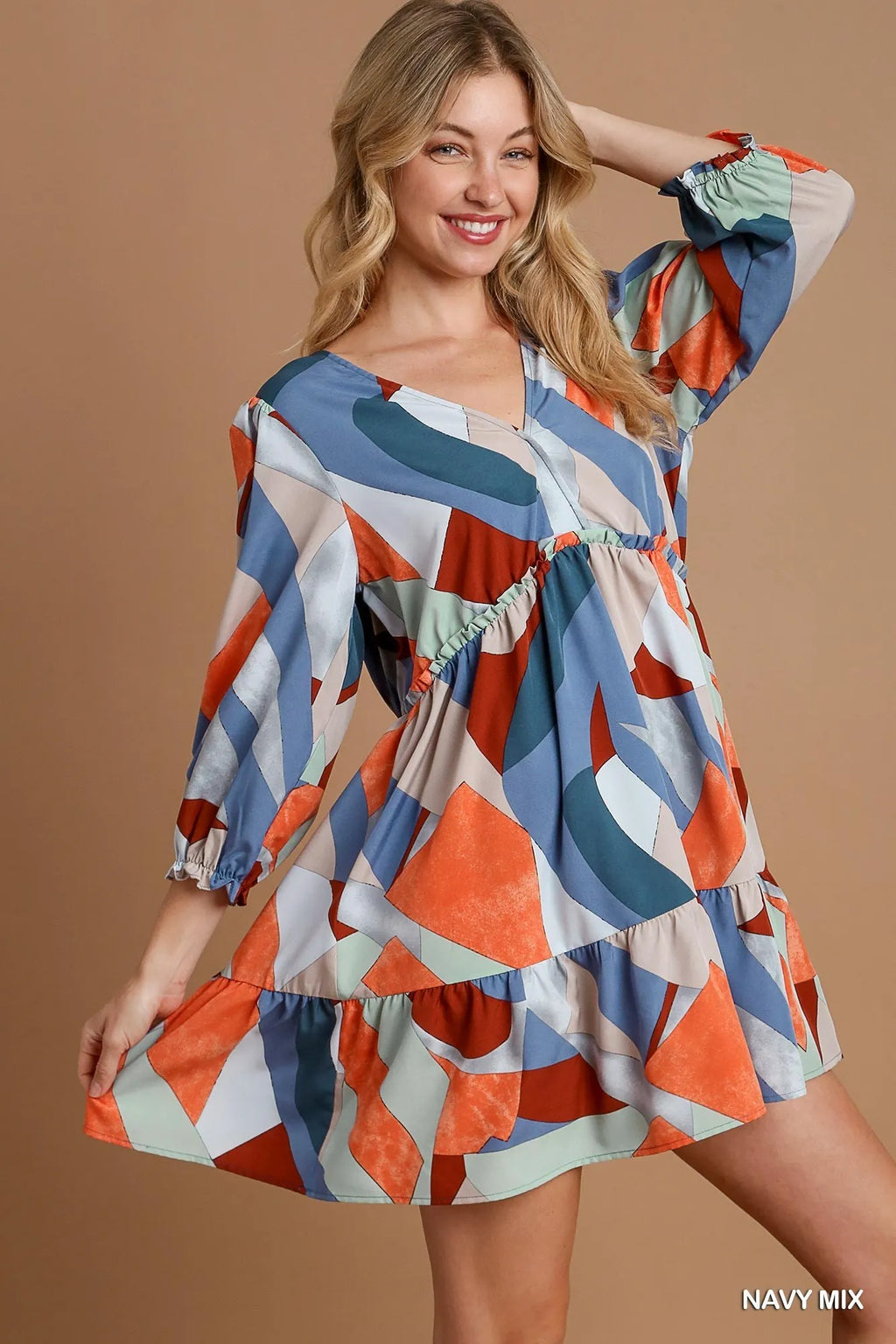 Umgee Mini Dress Multicolor Abstract Printed V-Neck Tiered 3/4 Sleeve Ruffled f85d9091-477d-46e0-ac32-94eba09ada70-Max-Origin Trendsi