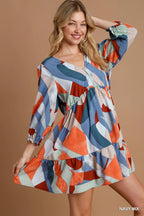 Umgee Mini Dress Multicolor Abstract Printed V-Neck Tiered 3/4 Sleeve Ruffled f85d9091-477d-46e0-ac32-94eba09ada70-Max-Origin Trendsi