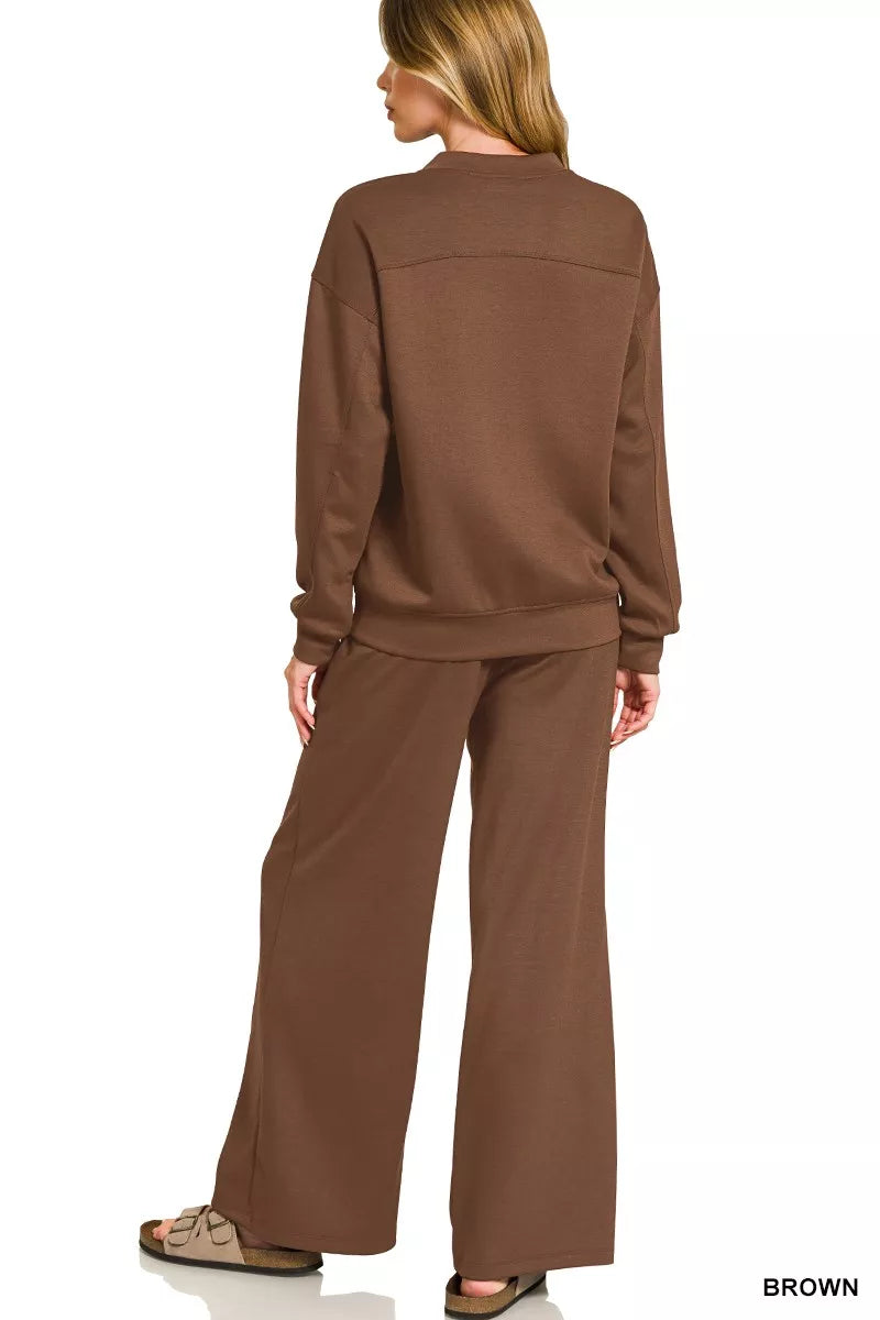 Zenana Outfit Set Brown Scuba Crewneck Pullover and Pants f85f344a0ed1472c94b9db4acbeb6ec9-Max-Origin Trendsi