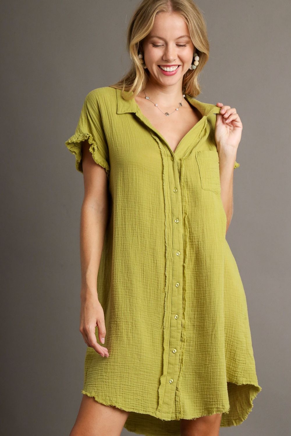 Umgee Shirt Dress Cotton Gauze Raw Hem Yellow Green Short Sleeve Yellow-Green f8816b28-3725-4412-b548-6ec992a1a6be-Max Trendsi