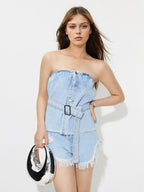 Denim Top Strapless Buttoned Raw Hem Tube Belted f883091e-36d4-4387-8363-020e28780822-Max Trendsi