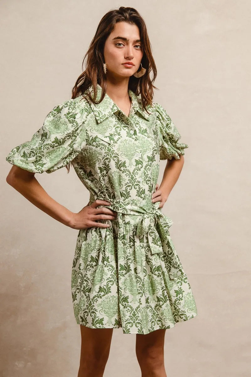 BiBi Mini Shirt Dress Green Cream Floral Bow Tied Belt Short Sleeve f885c88fda8c4174aecc393d10f8f2fb-Max-Origin Trendsi