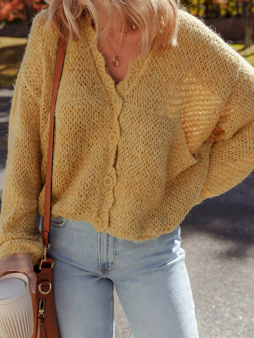 Women's Cardigan Camel Lantern Sleeve Scallop V Neck Buttoned Soft Acrylic Knit f8867b80e3824fcda77384bcd84403b3-Max-Origin Trendsi