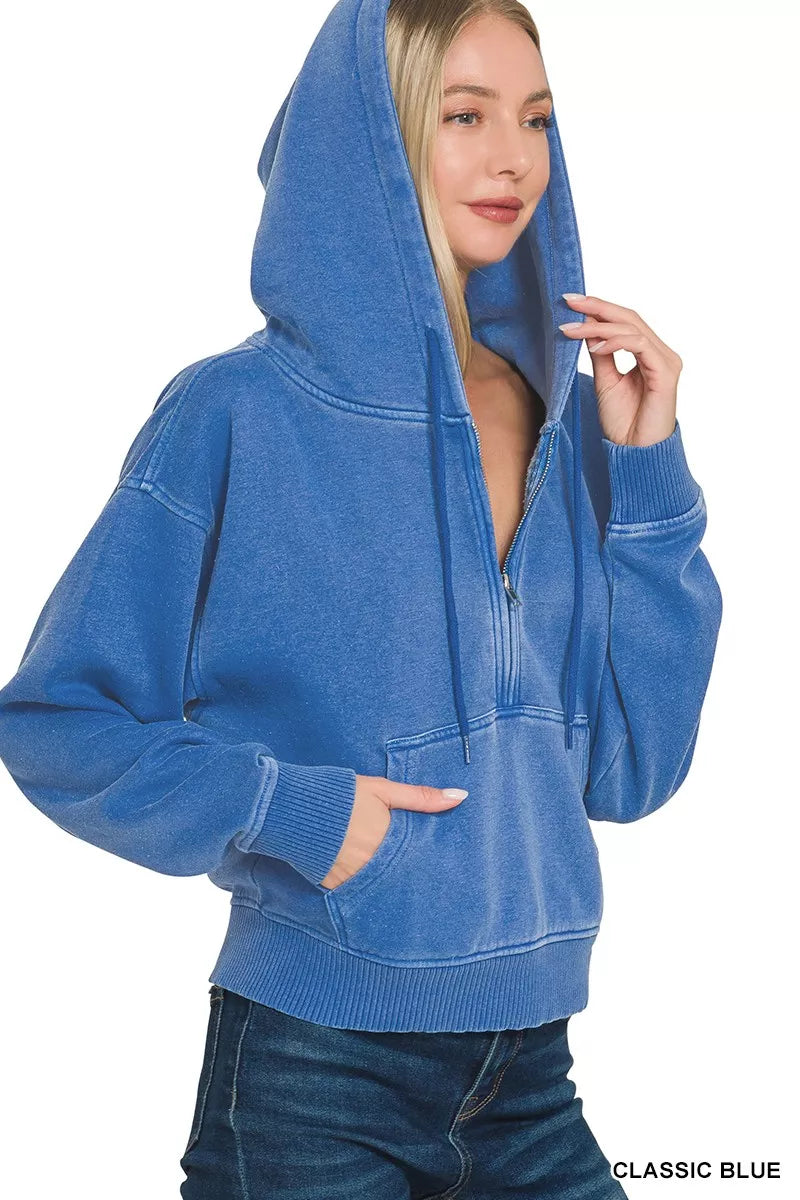 Zenana Fleece Hoodie Classic Blue Pigment Dye Half Zip Kangaroo Pocket Top f8992d8157db4625af3f483fbad04b49-Max-Origin Trendsi