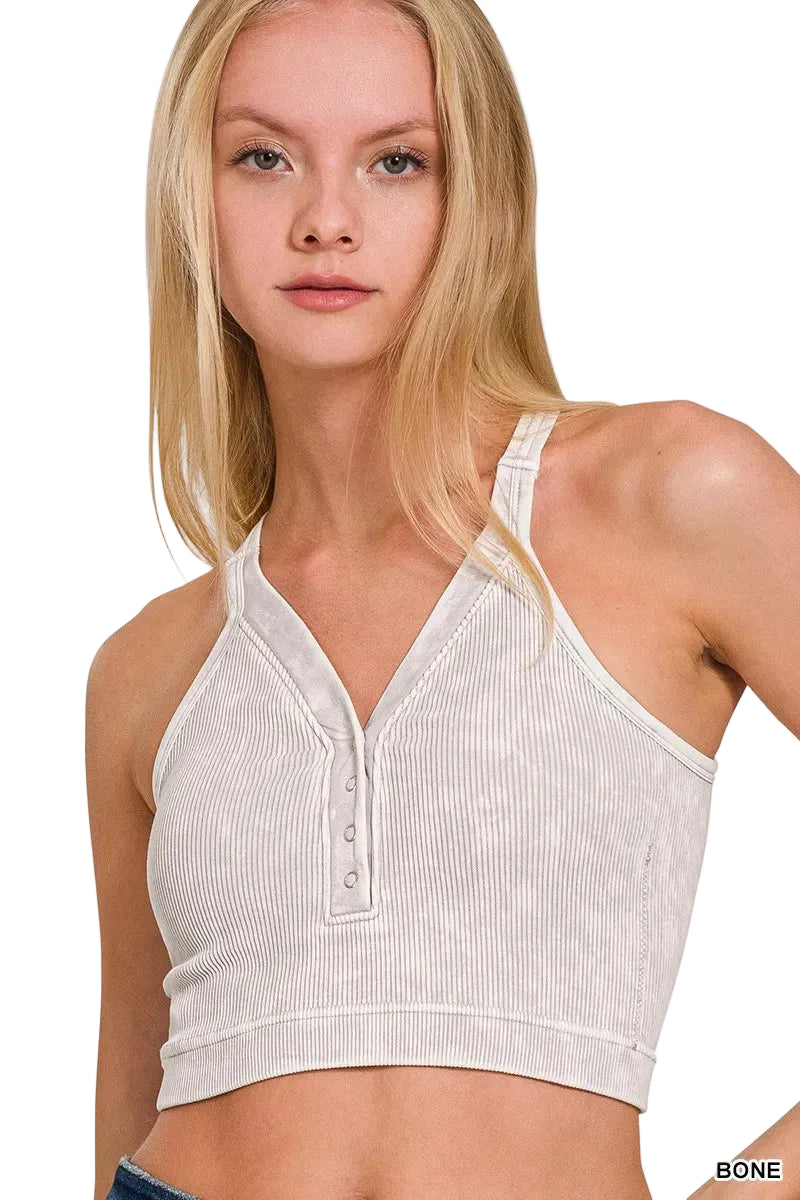 Zenana Washed Ribbed Seamless V-Neck Tank Top with Button Detail