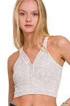 Zenana Washed Ribbed Seamless V-Neck Tank Top with Button Detail