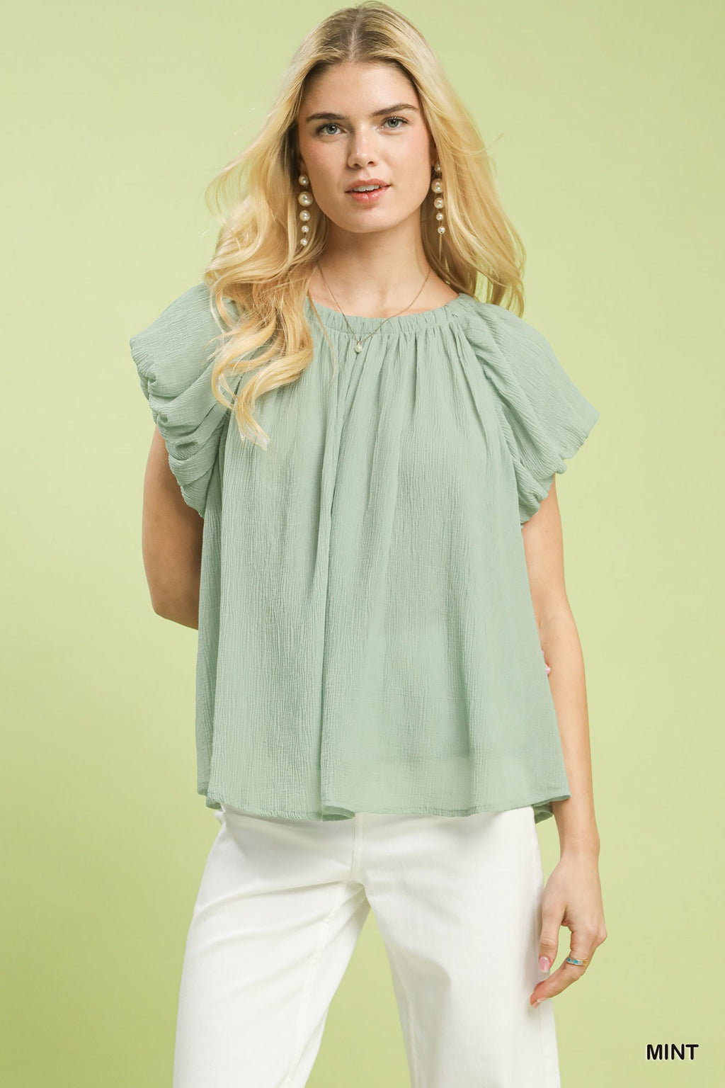 Umgee Crinkle Flutter Sleeve Peasant Top