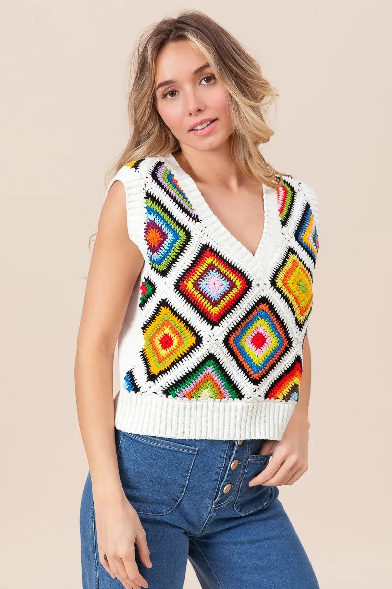 BiBi Sweater Vest Ivory Diamond Granny Multicolor Square Ribbed Knit Top f8a5ac0632cc485581b3d252d8a9c622-Max-Origin Trendsi