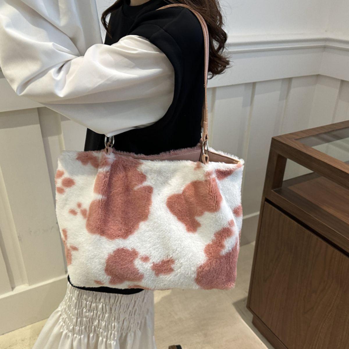 Furry Tote Handbag Large Cow Print Women Zipper Shoulder Bags f8a5dfdb-8dc0-48d1-928c-cc36a30cde17-Max Trendsi
