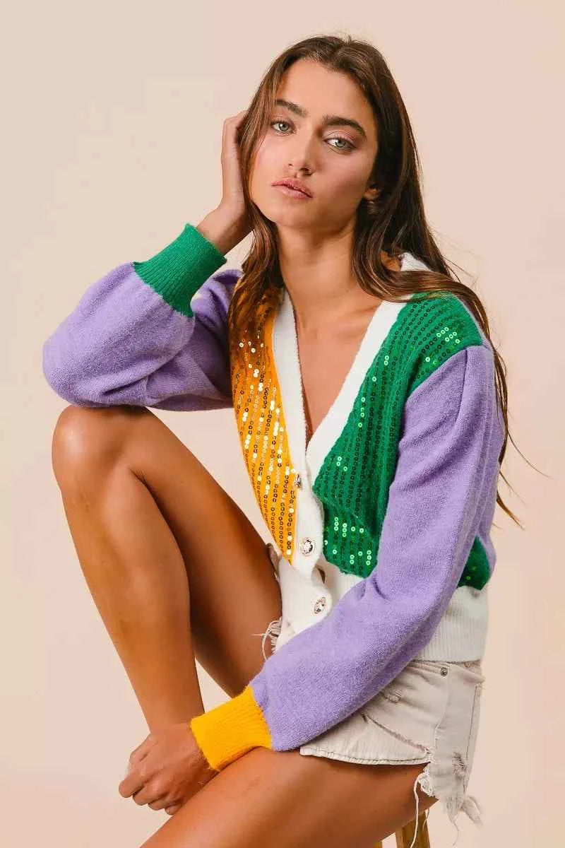 BiBi Sequin Sweater Cardigan Mardi Gras Color Block Buttoned Long Sleeve f8a7fa8cee2741429adca7b793048895-Max-Origin Trendsi