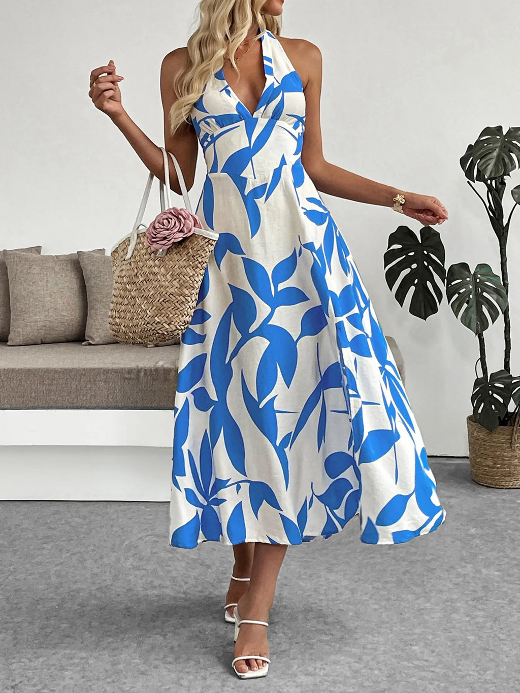 Midi Dress Blue Leaf Print Halter Neck Back Tied Backless Smocked f8af0ada-e96d-4026-b7b5-fe2e0b77a596-Max-Origin Trendsi
