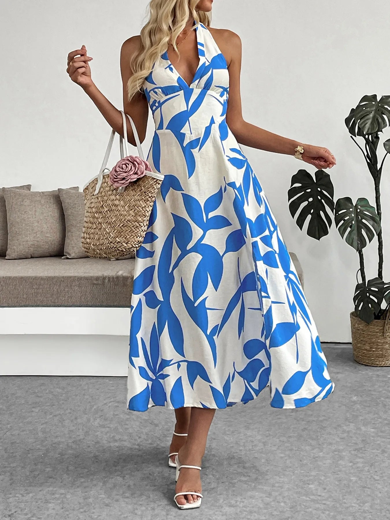 Midi Dress Blue Leaf Print Halter Neck Back Tied Backless Smocked f8af0ada-e96d-4026-b7b5-fe2e0b77a596-Max-Origin Trendsi