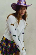 SO ME Sweater Knit Top Mardi Gras Glitter Bow Ribbon Ivory f8b58d5aff014f418250b059079523be-Max-Origin Trendsi