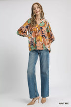 Umgee Women's Blouse Floral Navy Mix Multicolor Abstract Print Ruffle Neck Top f8b6bd60-17d0-46da-90d2-1197f9e12683-Max-Origin Trendsi