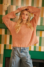 BiBi Womens Sweater Chunky Knit with Flower Detail Sleeves Peach f8bac1ef7ded4413985d742458511218-Max-Origin Trendsi