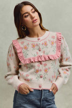 SO ME Womens Sweater Cardigan Beige Pink Flower With Ruffle Detailing f8c34fa4e43f450a9d76b36065480f3d-Max-Origin Trendsi