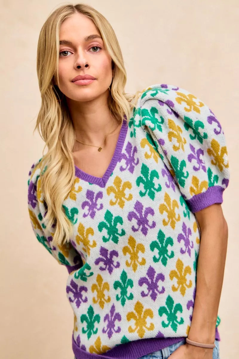 BiBi Women V Neck Knit Top Mardi Gras Fleur De Lis Patterned Short Sleeve f8d0de435dbb43768b0a920af76f7009-Max-Origin Trendsi