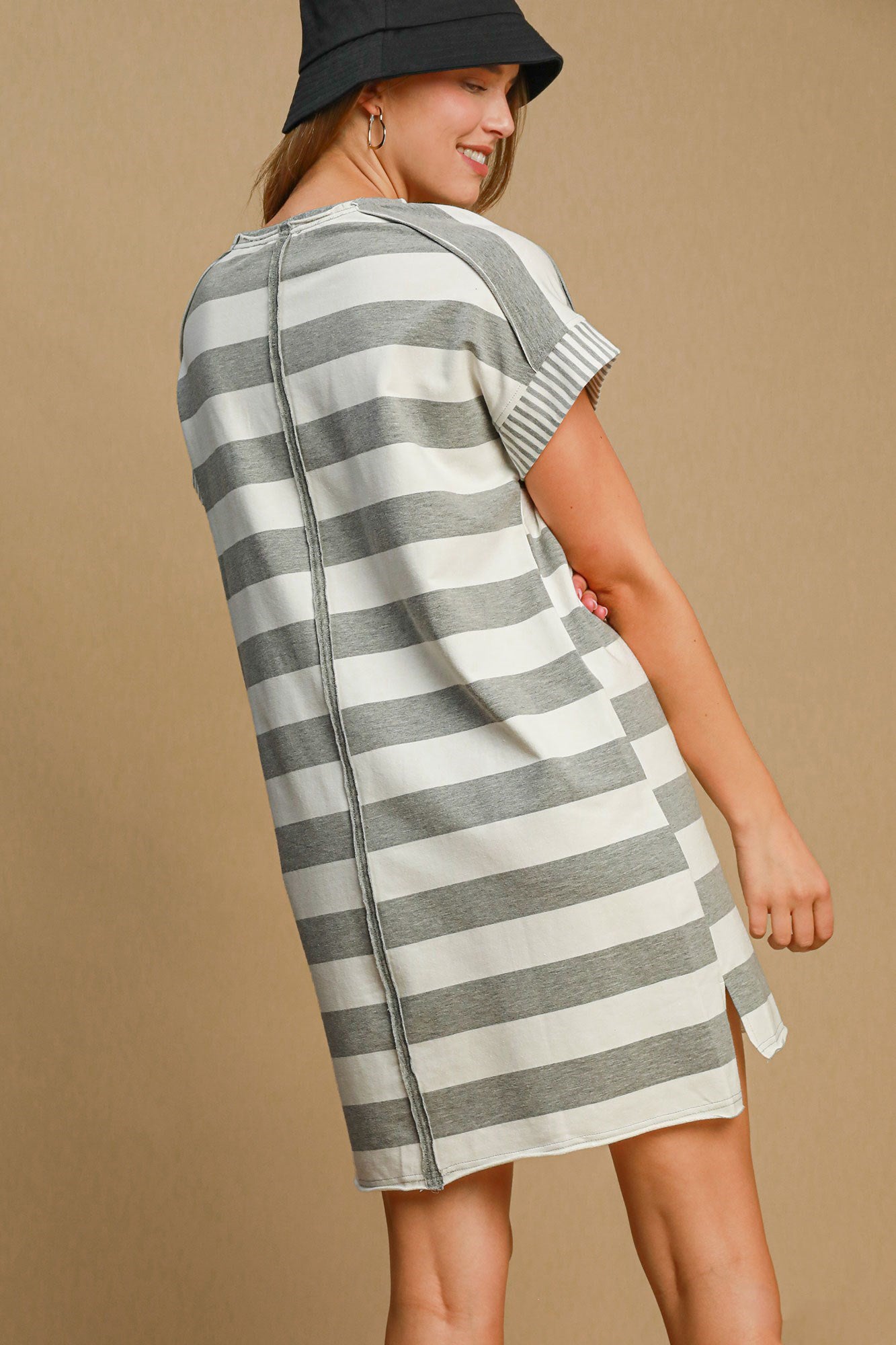 Umgee Mini Dress Peace Applique Striped Short Sleeve Side Slit High-Low