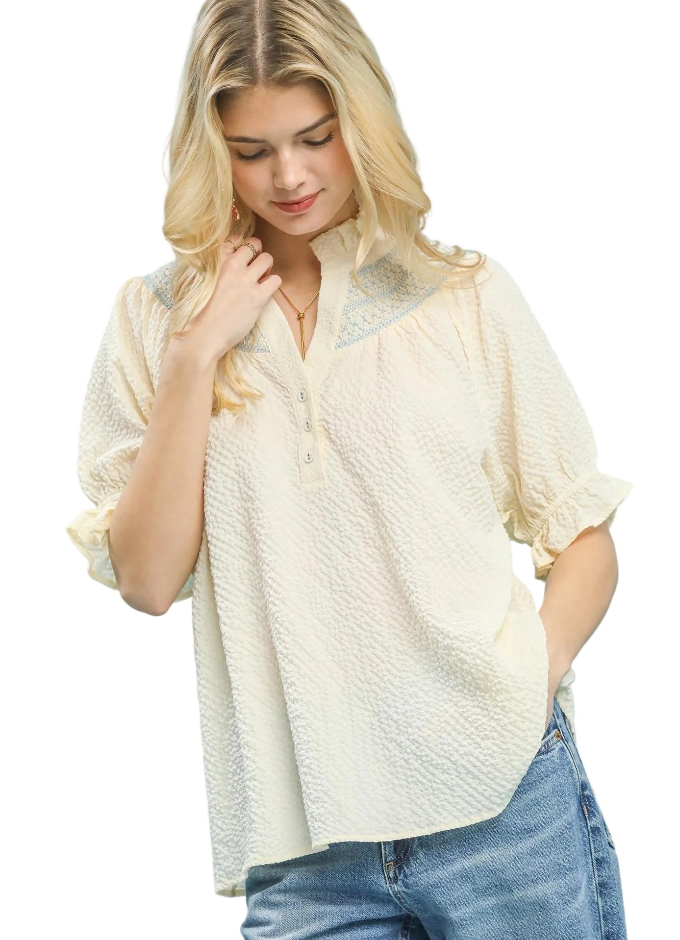 Umgee Textured Henley Blouse with Ruffle Cuffs