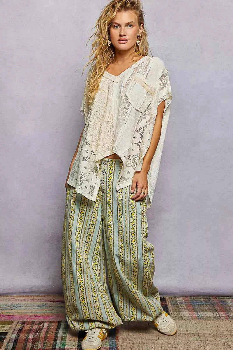 POL Asymmetrical V-Neck Short Sleeve Lace Top