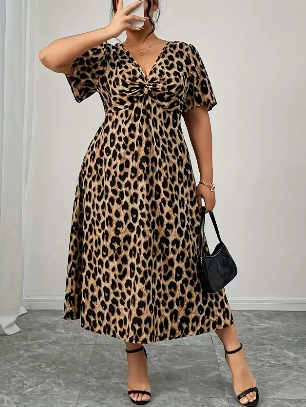 Plus Size Leopard Print Short Sleeve Dress with Twisted Front Detail