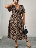Plus Size Leopard Print Short Sleeve Dress with Twisted Front Detail