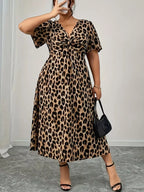 Plus Size Leopard Print Short Sleeve Dress with Twisted Front Detail
