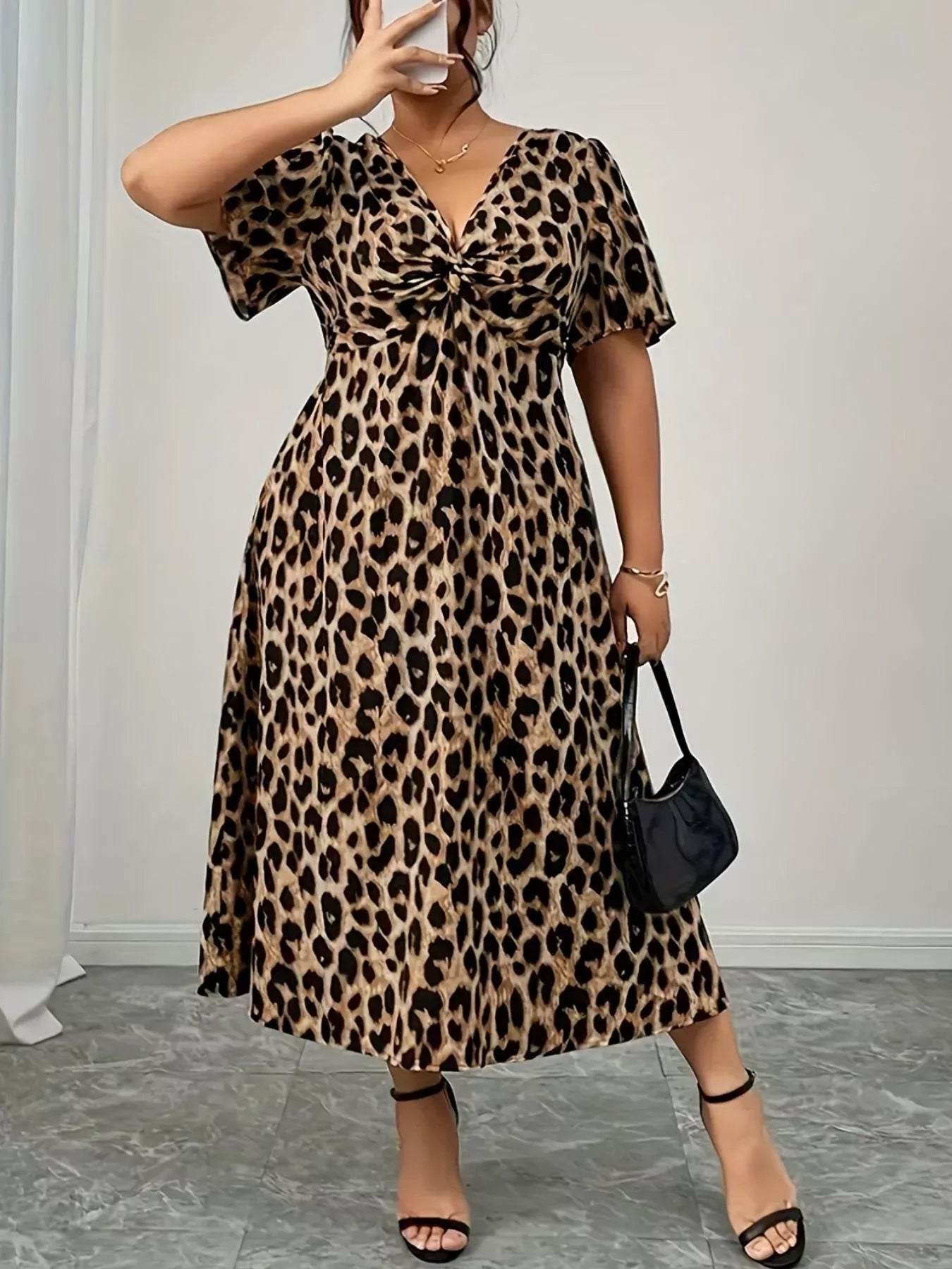 Plus Size Leopard Print Short Sleeve Dress with Twisted Front Detail