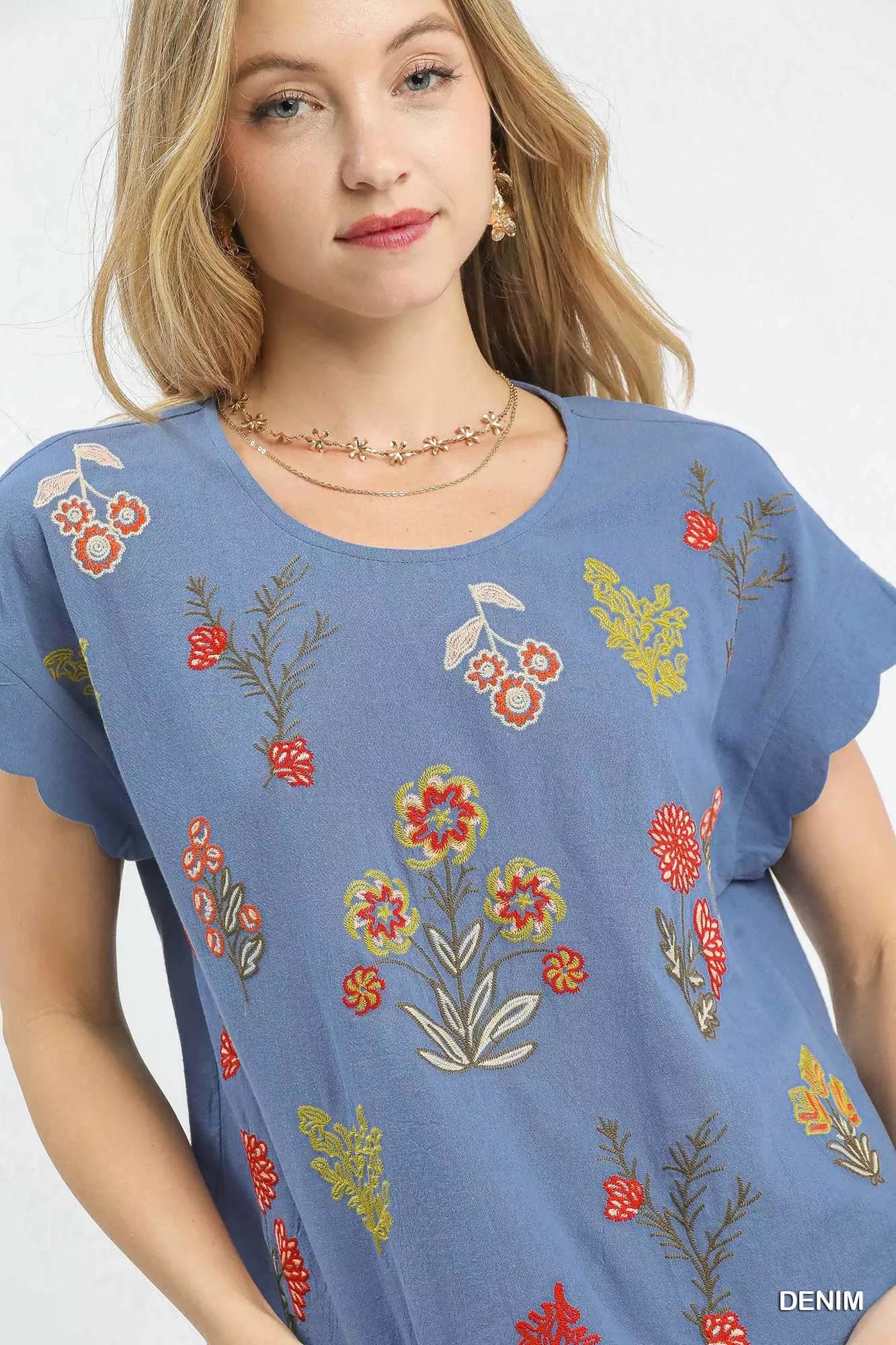 Umgee Womens Blouse Blue Floral Embroidered Scallop Short Sleeve Top f8f34cbd-74e4-4eb3-9042-1d6093c932bd-Max-Origin Trendsi