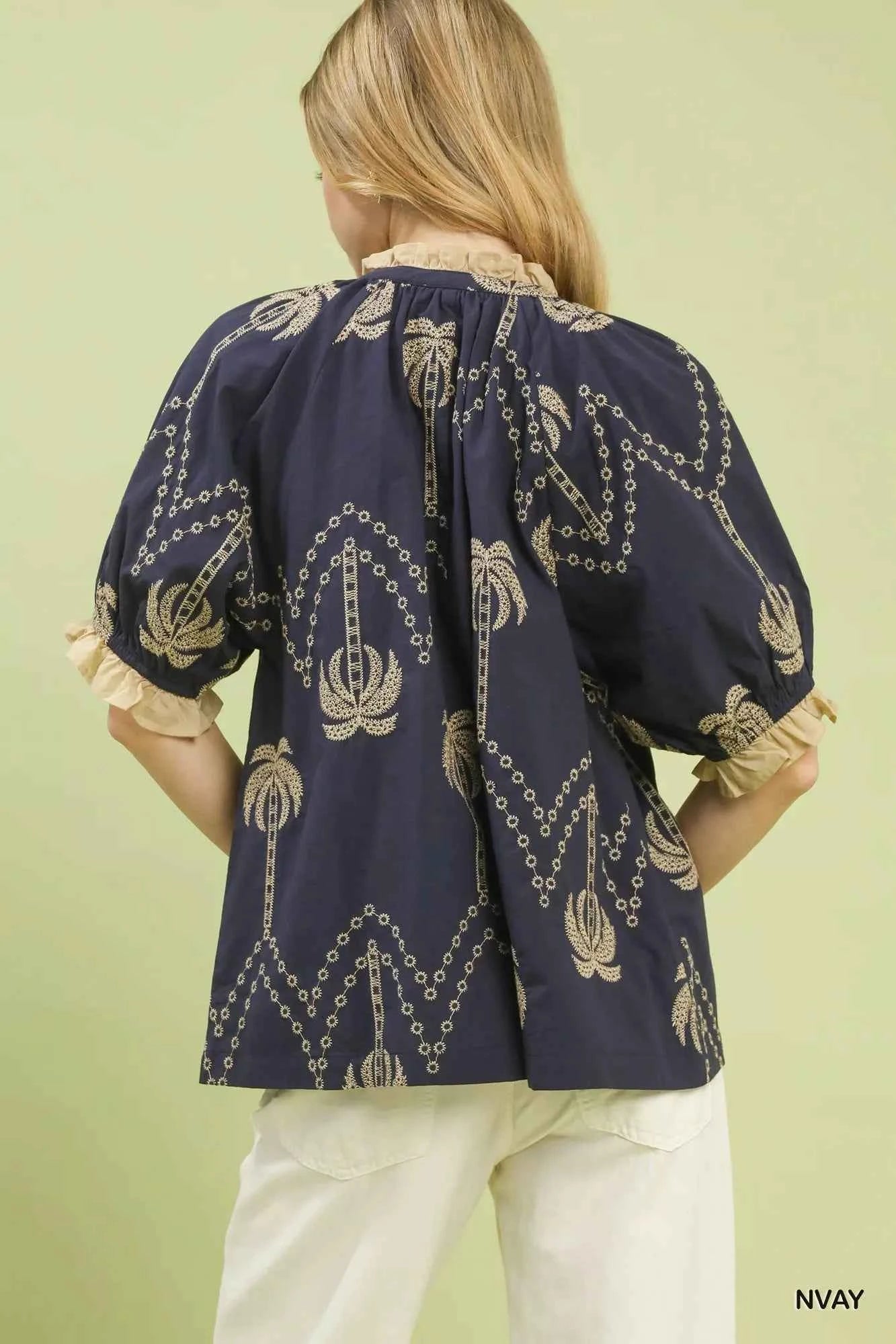 Umgee Blouse Embroidered Palm Print Tassel Tie Navy Short Sleeve Top f8fc6619-95a5-4078-ae23-a82466d0b53a-Max-Origin Trendsi