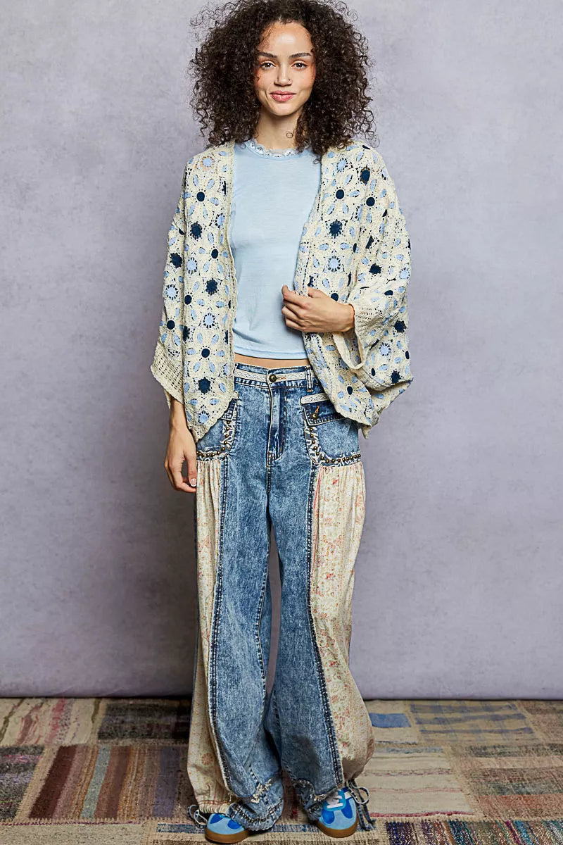 POL Crochet Cardigan Blue Multi Open Front Floral Pattern f92346c1-2801-4258-a54c-505970005f3c-Max-Origin Trendsi