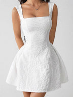 Textured Square Neck Mini Dress with Zipper, Non-Stretch 100% Polyester Fabric