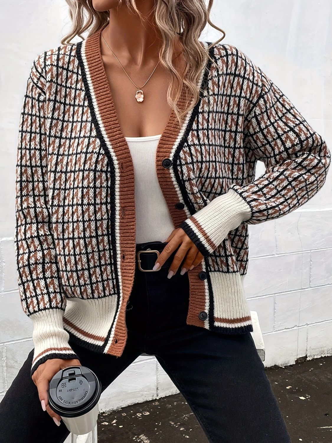 Plaid Women Cardigan Knit V-Neck Button Up Long Sleeve Casual Sweater