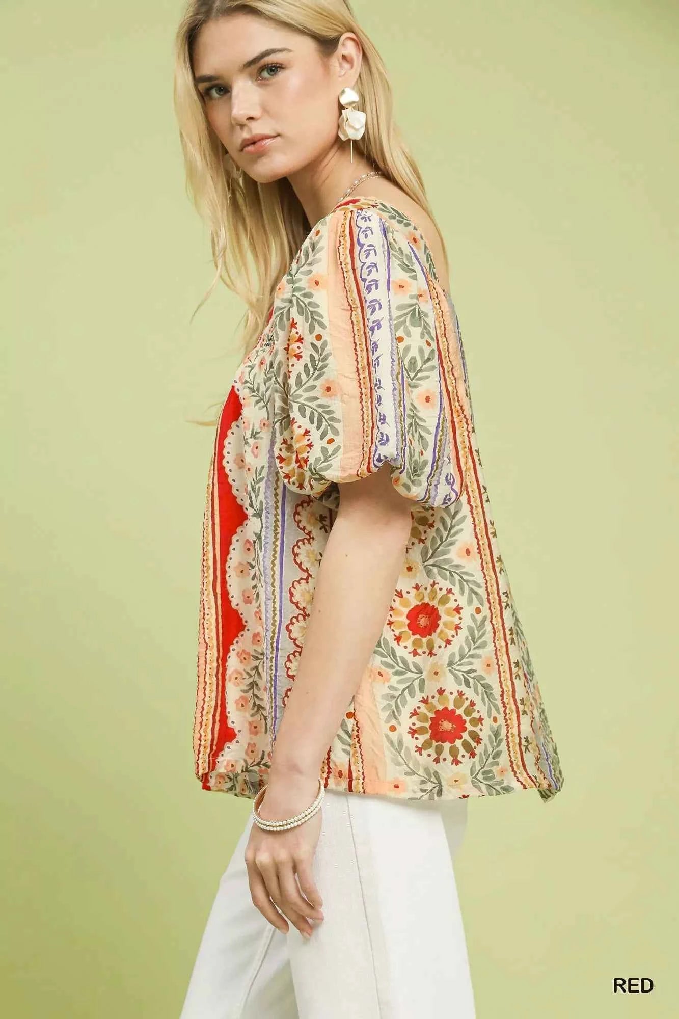 Umgee Patchwork Puff Sleeve Smocked Blouse