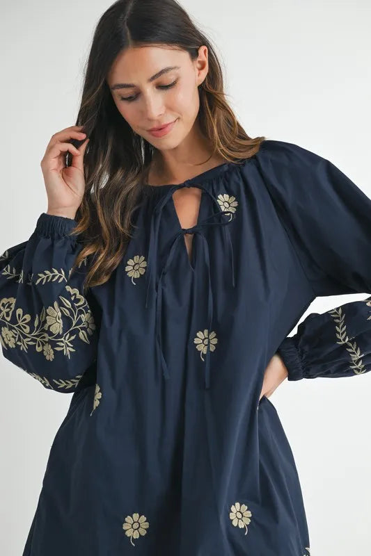 MABLE Mini Dress Navy Floral Embroidered Long Sleeve Peasant Tied f94fcb090dca472b964ba5e92c57f734-Max-Origin Trendsi