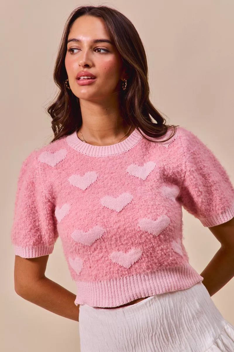 SO ME Valentine Cropped Sweater Pink All Over Heart Short Sleeve f95049d7c6104e29b4bd8ed870503e92-Max-Origin Trendsi