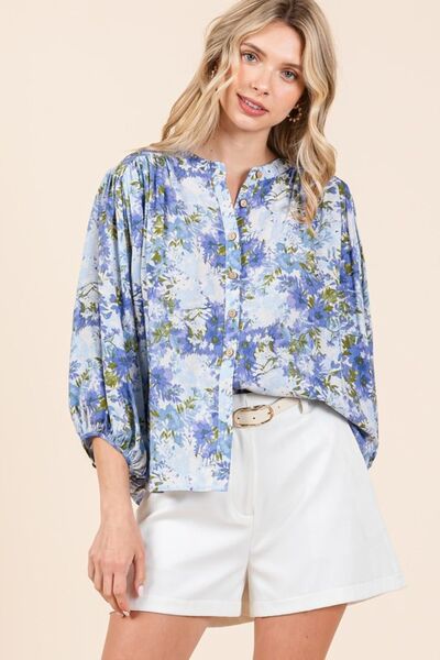 Mittoshop Blouse Blue Floral Print Linen Blend Batwing 3/4 Sleeve Top f9626ece-12da-4a51-b511-2bd4d494e01c-Min Trendsi