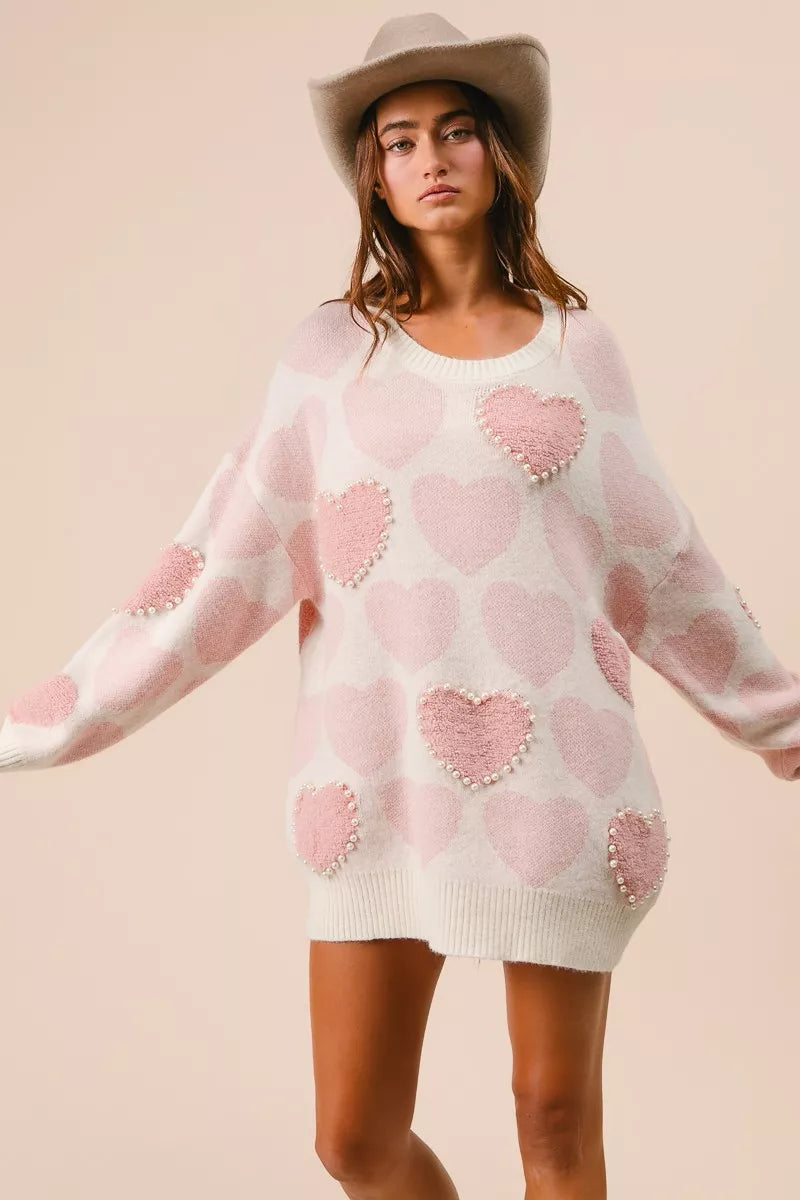 BiBi Womens Sweater Light Pink Heart Pattern with Pearl Detail f964100d2fac43fa8a4ea4512524b6b3-Max-Origin Trendsi