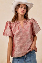 BiBi Jacquard Womens Blouse Red Woven Short Balloon Sleeves V Neck Top f970aa133e8c41d9845a9ac0706322ba-Max-Origin Trendsi