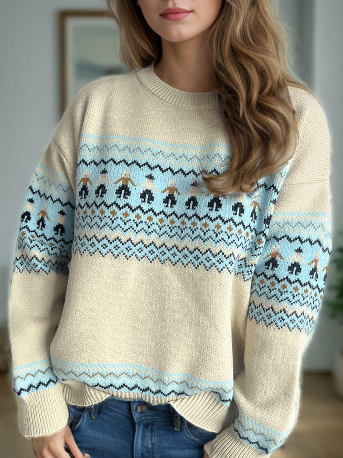 Winter Sweater Contrast Round Neck Long Sleeve Women Knit Pullover