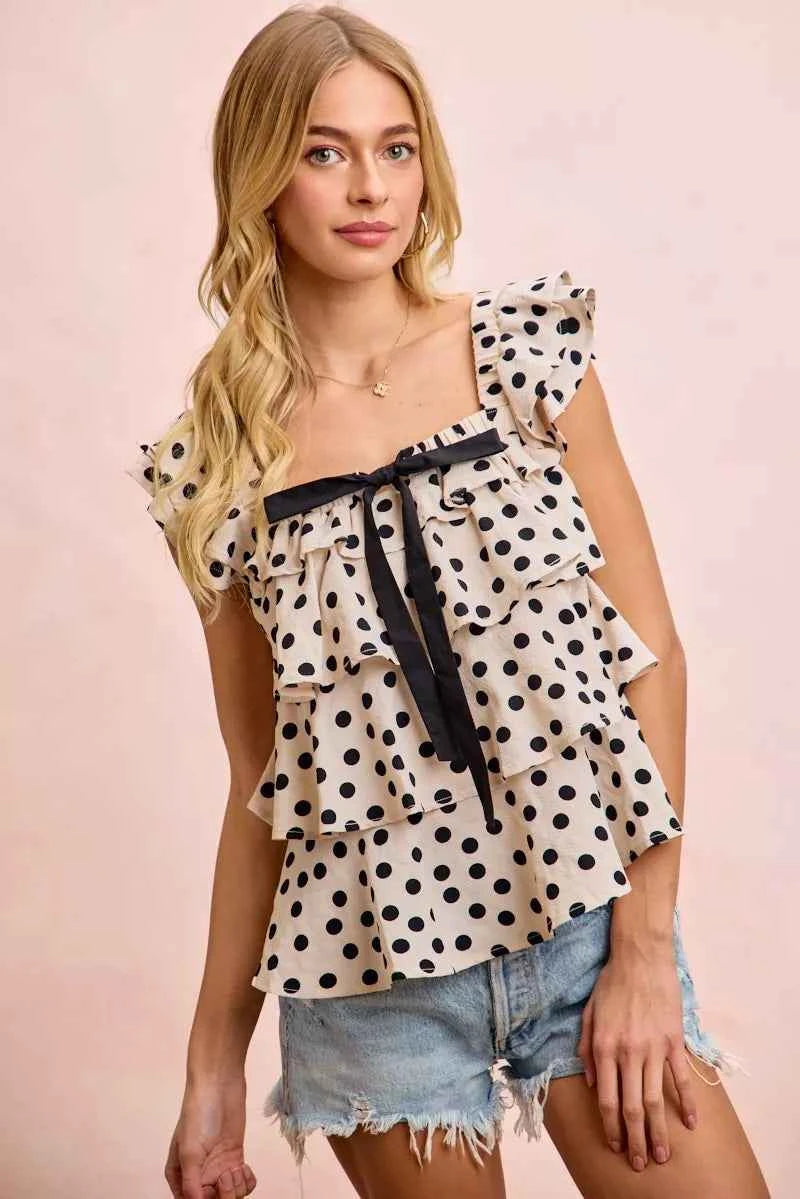 BiBi Polka Dot Ruffled Bow Tied Square Neck Sleeveless Top