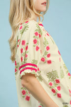 Umgee Womens Blouse Ecru Floral V-Neck Puff Short Sleeve Top f9862968-2e8b-4195-b2e7-1819136ada3a-Max-Origin Trendsi