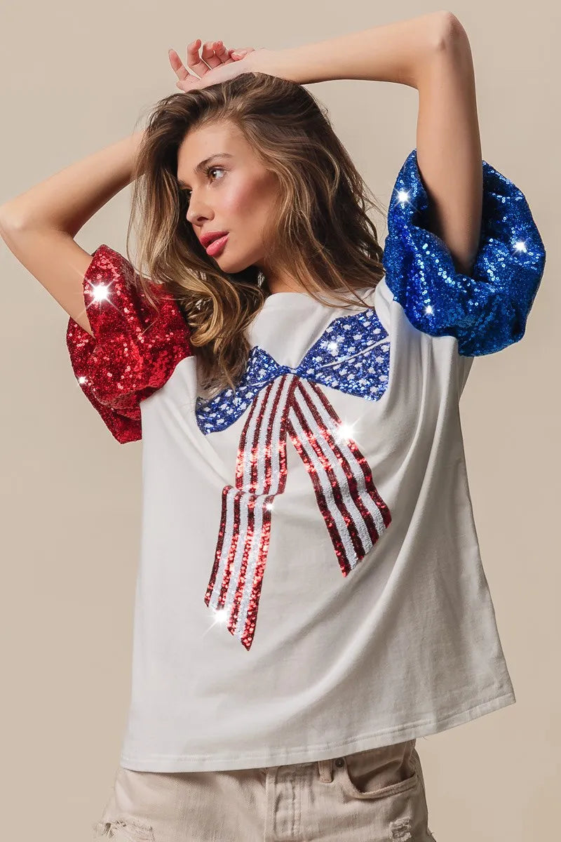 BiBi Cotton T-shirt Sequin American Flag Bow Top Short Puff Sleeve f9963b67cda34d90979956b70768dec8-Max-Origin Trendsi