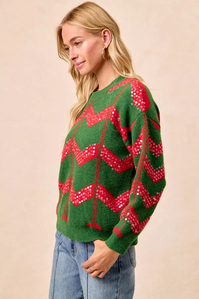 BiBi Sweater Christmas Theme Chevron Sequins Womens Green Red Pullover f9967a2b86a544e69b340117cece525e-Max-Origin Trendsi