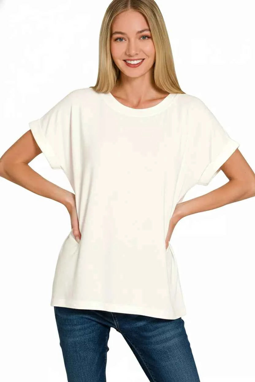 Zenana Soft Melange Hacci Short Sleeve Round Neck Top